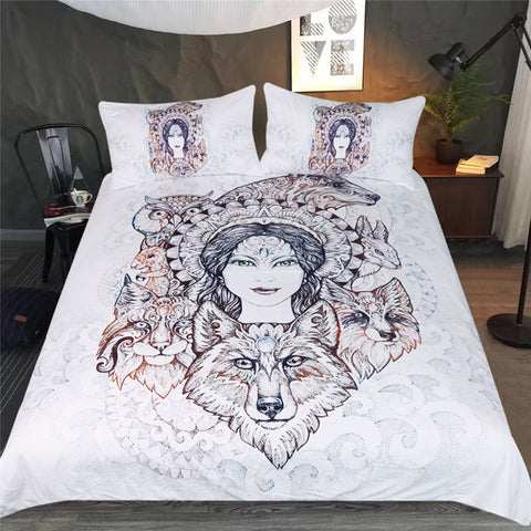 BeddingOutlet Wolf Bedding Set Fox Owl Duvet Cover Set Queen Woman Home Textiles 3-Piece Wild Animal Printed Vintage Bedclothes