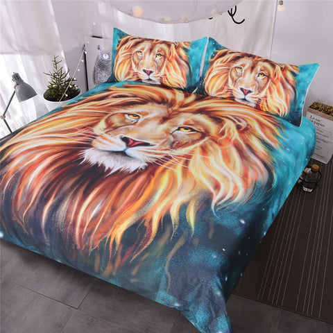 BeddingOutlet Gold Lion Bedding Set Artistic Lion Face Duvet Cover 3D Oil Painting 3 Piece Wild Animal Teal Blue Bed Covers King