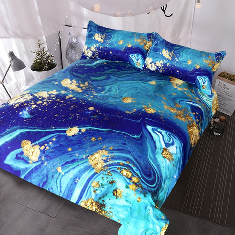 BeddingOutlet Marble Bedding Set Queen Golden Blue Turquoise Duvet Cover Set Quicksand Bed Cover 3-Piece Vivid Art Bedspreads