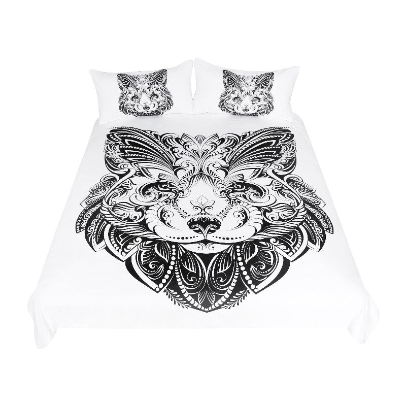 BeddingOutlet Lion Bedding Set Queen Black and White Duvet Cover Animal Home Textiles 3-Piece Butterfly Shape Face Printed Bed Set