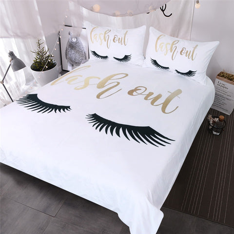 BeddingOutlet Eyelash Bedding Queen Gold and Black Cute Eyes Pattern Quilt Cover Set 3 Piece Funny Duvet Cover for Fashion Girls