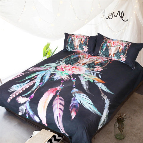 BeddingOutlet Bedding Set Buffalo Skull with Feathers Bed Cover Dreamcatcher Southwestern Boho Chic Colorful Tribal Duvet Cover