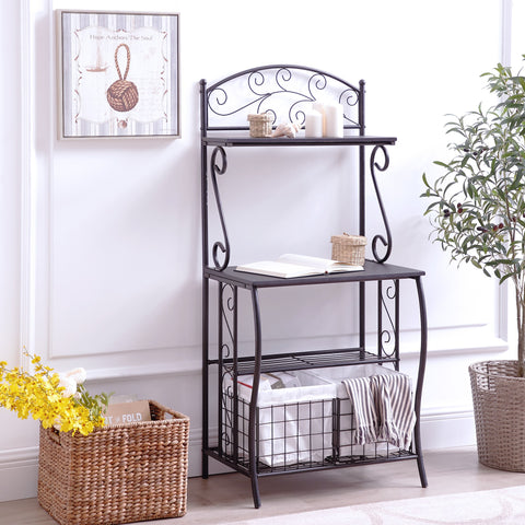 Circlelink Kitchen Scroll Work Metal Bakers Rack with 2 Baskets Storage, Black Finish