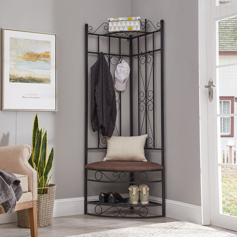 Circlelink Metal Corner Hall Tree for Entryway with Coat Rack, Black Finish