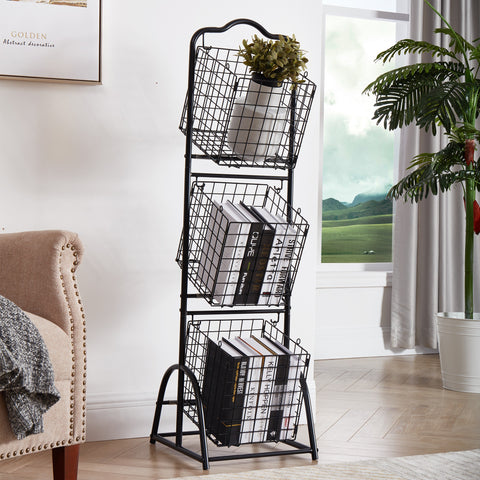 Circlelink 3 Tier Wire Market Basket Stand Fruit Vegetable Storage Bin for Kitchen Free Standing Organizer Black